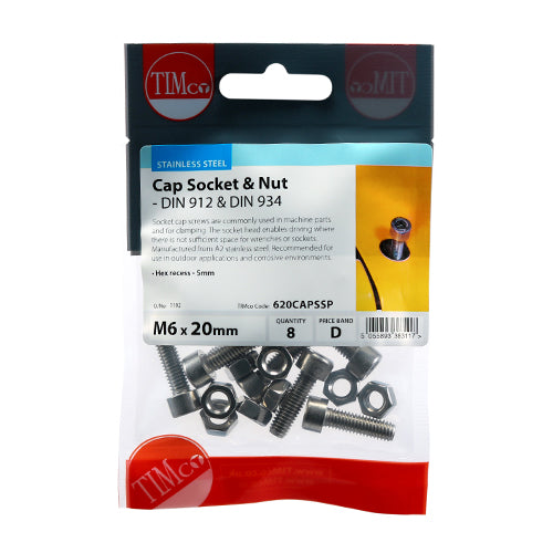 Timco Socket Screws & Hex Nuts - Cap - Stainless Steel M6 x 20 - 8 Pieces