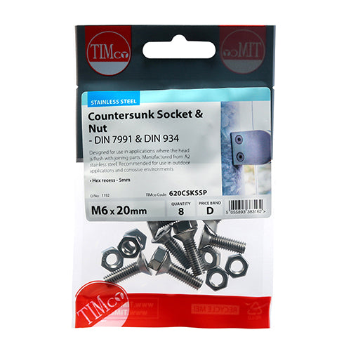 Timco Socket Screws & Hex Nuts - Countersunk - Stainless Steel M6 x 20 - 8 Pieces