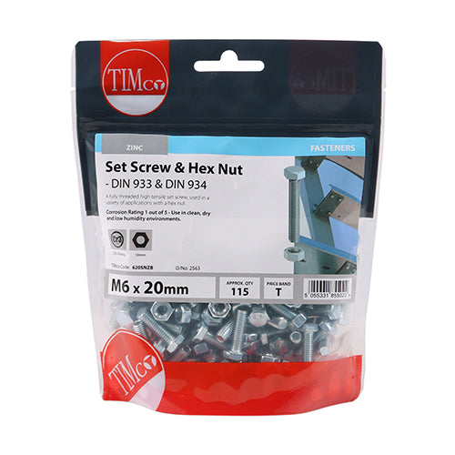 Timco Set Screws & Hex Nuts - Grade 8.8 - Zinc M6 x 20 - 115 Pieces