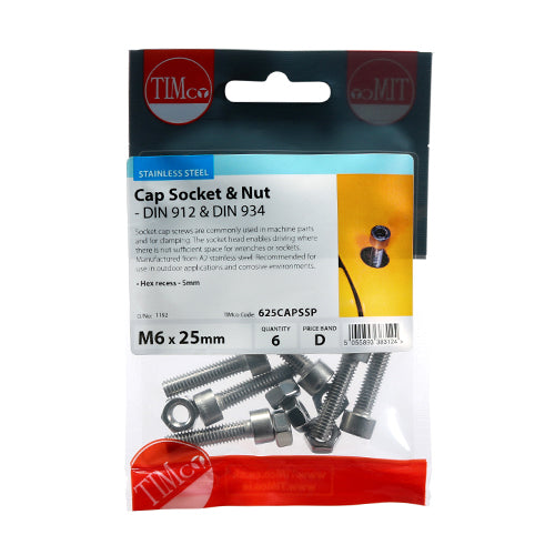 Timco Socket Screws & Hex Nuts - Cap - Stainless Steel M6 x 25 - 6 Pieces