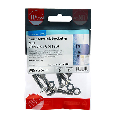 Timco Socket Screws & Hex Nuts - Countersunk - Stainless Steel M6 x 25 - 6 Pieces