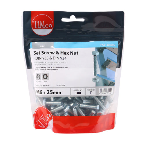 Timco Set Screws & Hex Nuts - Grade 8.8 - Zinc M6 x 25 - 100 Pieces