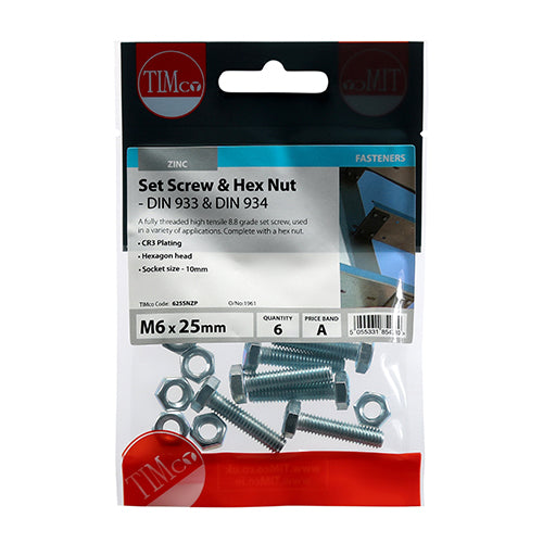 Timco Set Screws & Hex Nuts - Grade 8.8 - Zinc M6 x 25 - 6 Pieces