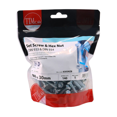 Timco Set Screws & Hex Nuts - Grade 8.8 - Zinc M6 x 30 - 140 Pieces