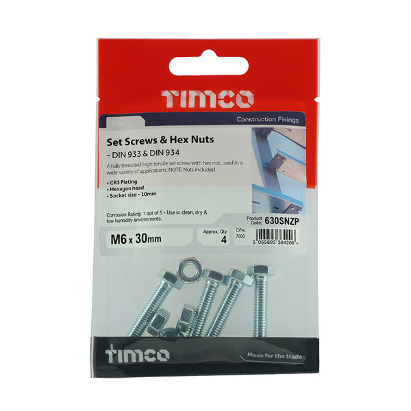 Timco Set Screws & Hex Nuts - Grade 8.8 - Zinc M6 x 30 - 4 Pieces