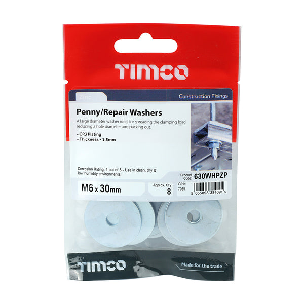 Timco Penny / Repair Washers - Zinc M6 x 30 - 8 Pieces