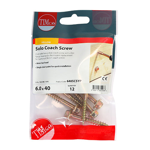 Timco Solo Coach Screws - Hex Flange - Yellow 6.0 x 40 - 12 Pieces