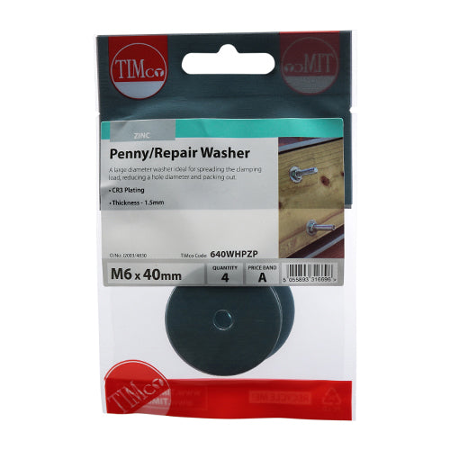 Timco Penny / Repair Washers - Zinc M6 x 40 - 4 Pieces