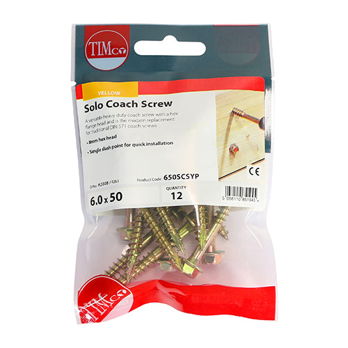 Timco Solo Coach Screws - Hex Flange - Yellow 6.0 x 50 - 12 Pieces