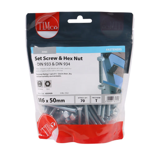 Timco Set Screws & Hex Nuts - Grade 8.8 - Zinc M6 x 50 - 70 Pieces