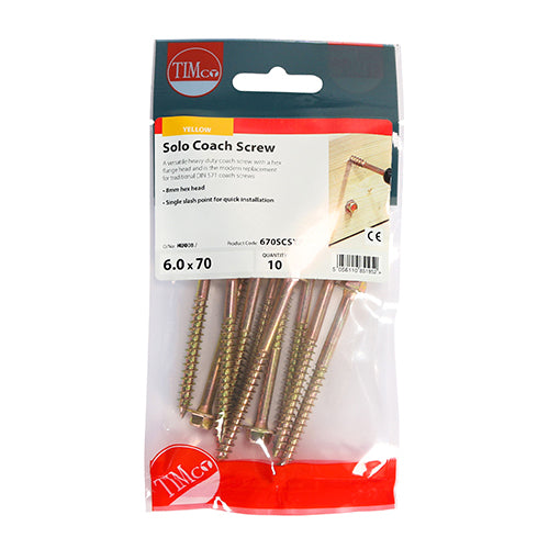 Timco Solo Coach Screws - Hex Flange - Yellow 6.0 x 70 - 10 Pieces
