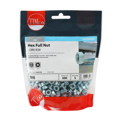 Timco Hex Full Nuts - Zinc M6 - 600 Pieces