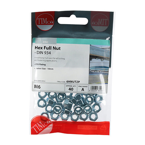 Timco Hex Full Nuts - Zinc M6 - 40 Pieces