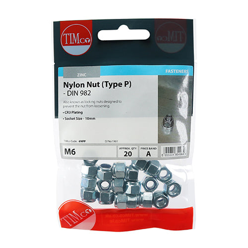 Timco Nylon Nuts - Type P - Zinc M6 - 20 Pieces