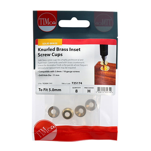 Timco Knurled Inset Screw Cups - Solid Brass To fit 4.8, 5.0 Screw - 8 Pieces