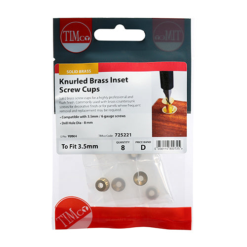 Timco Knurled Inset Screw Cups - Solid Brass To fit 3.5 Screw - 8 Pieces