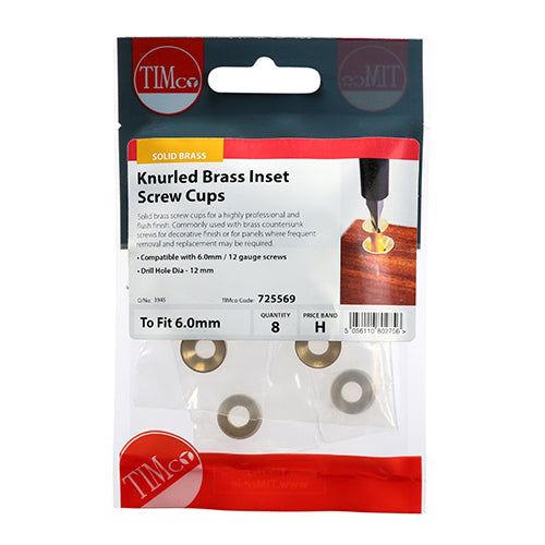 Timco Knurled Inset Screw Cups - Solid Brass To fit 5.5, 6.0 Screw - 8 Pieces