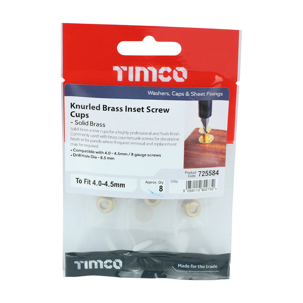 Timco Knurled Inset Screw Cups - Solid Brass To fit 4.0, 4.2, 4.5 Screw - 8 Pieces