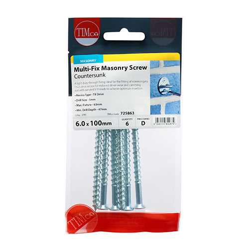 Timco Masonry Screws - TX - Countersunk - Zinc 6.0 x 100 - 6 Pieces