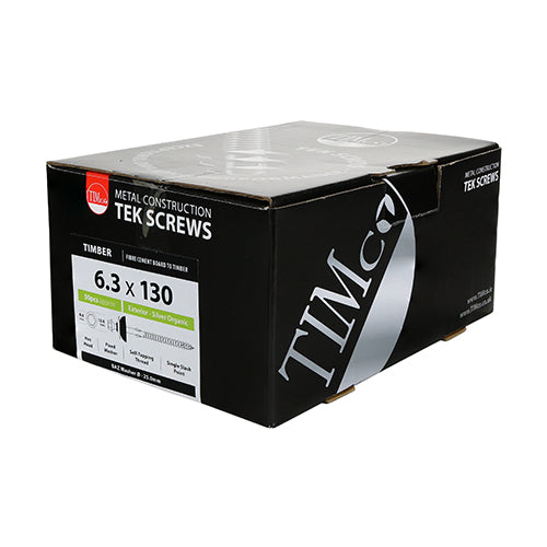 Timco Metal Construction Fibre Cement Board to Light Section Screws - Hex - BAZ Washer - Slash Point - Exterior - Silver Organic 6.3 x 130 - 50 Pieces