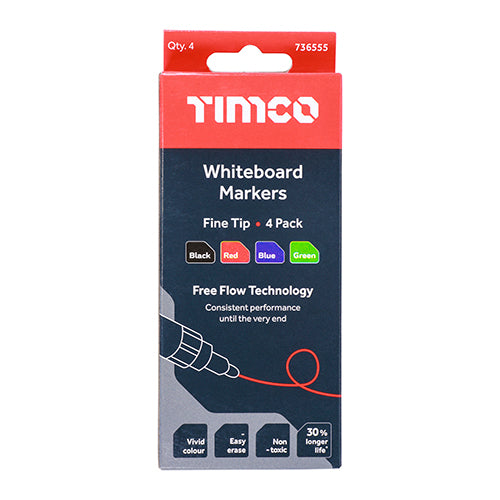 Timco Whiteboard Markers - Fine Tip - Mixed Colours Fine Tip Four Pack - 4 Pieces