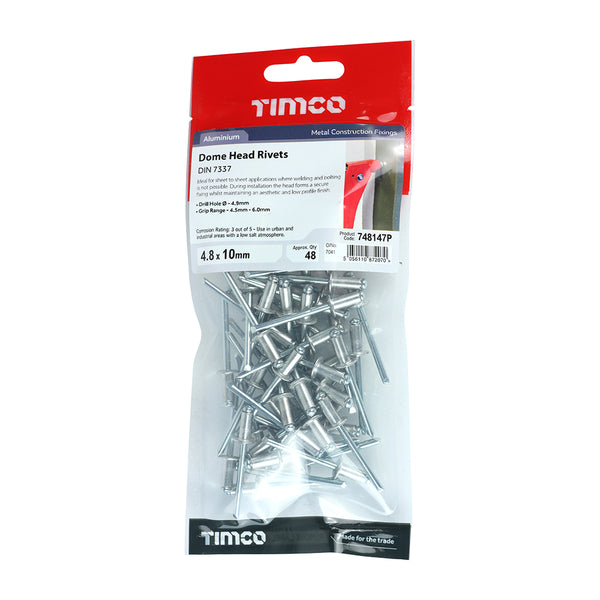 Timco Rivets - Dome Head - Aluminium 4.8 x 10 - 48 Pieces