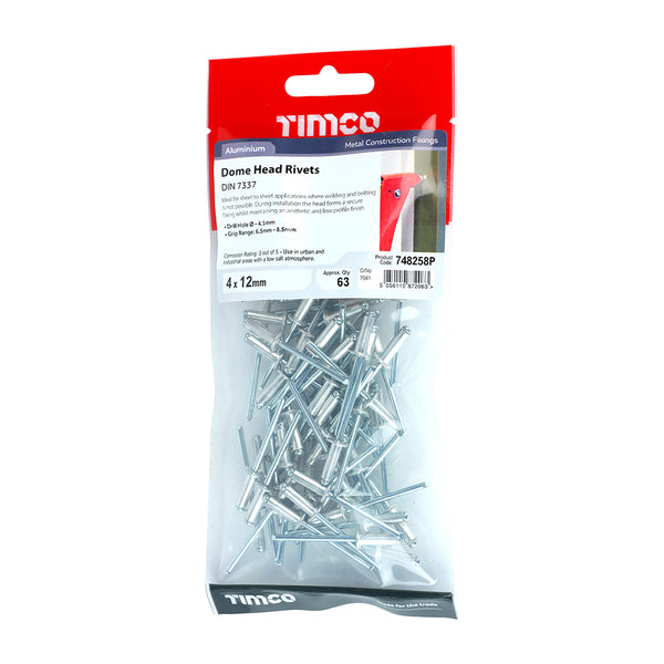 Timco Rivets - Dome Head - Aluminium 4.0 x 12 - 63 Pieces