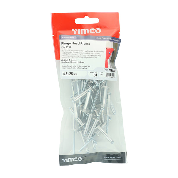 Timco Rivets - Flange Head - Aluminium 4.8 x 25 - 30 Pieces