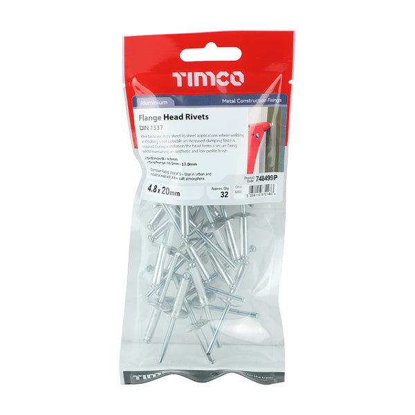 Timco Rivets - Flange Head - Aluminium 4.8 x 20 - 32 Pieces