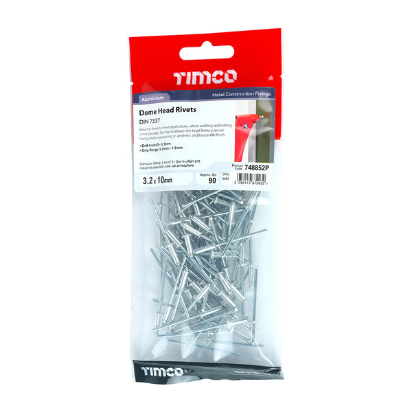 Timco Rivets - Dome Head - Aluminium 3.2 x 10 - 90 Pieces