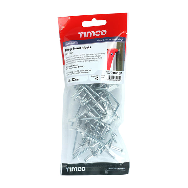 Timco Rivets - Flange Head - Aluminium 4.8 x 12 - 40 Pieces