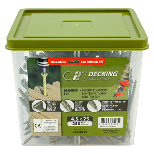 Timco C2 Decking-Fix Premium Decking Screws - TUB - TX - Countersunk - Exterior - Green 4.5 x 75 - 250 Pieces