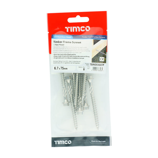 Timco Timber Screws - Hex - Stainless Steel 6.7 x 75 - 8 Pieces