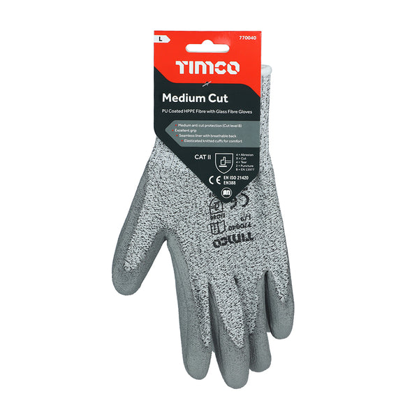 Timco Medium Cut Gloves - PU Coated HPPE Fibre with Glass Fibre Large