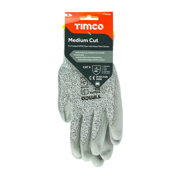 Timco Medium Cut Gloves - PU Coated HPPE Fibre with Glass Fibre Medium