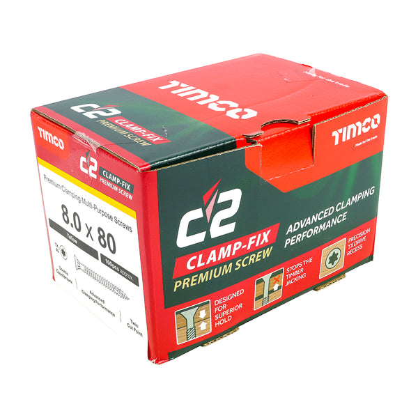 Timco C2 Clamp-Fix Multi-Purpose Premium Screws - TX - Double Countersunk - Yellow 8.0 x 80 - 100 Pieces