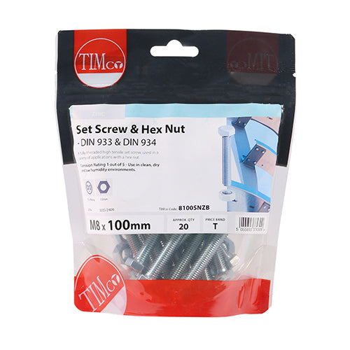 Timco Set Screws & Hex Nuts - Grade 8.8 - Zinc M8 x 100 - 20 Pieces