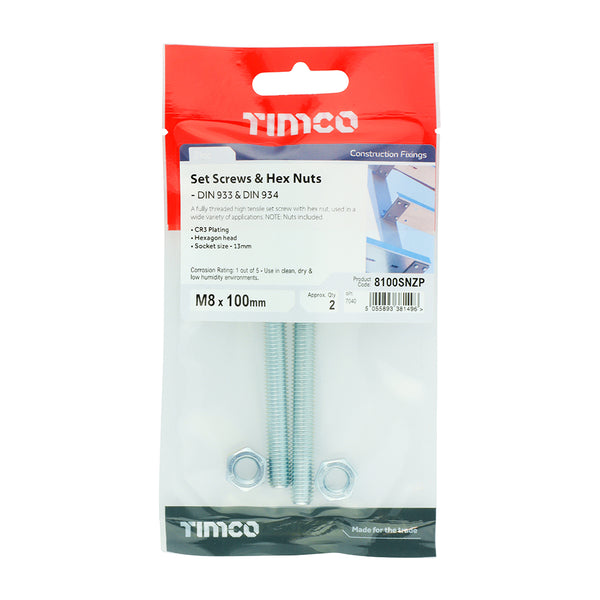 Timco Set Screws & Hex Nuts - Grade 8.8 - Zinc M8 x 100