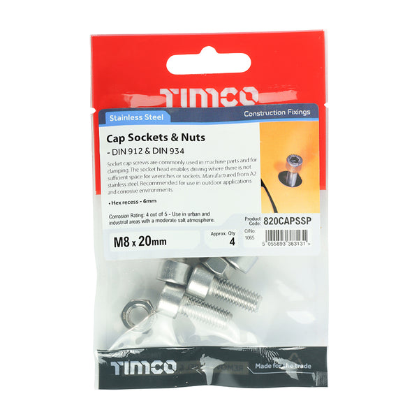 Timco Socket Screws & Hex Nuts - Cap - Stainless Steel M8 x 20 - 4 Pieces