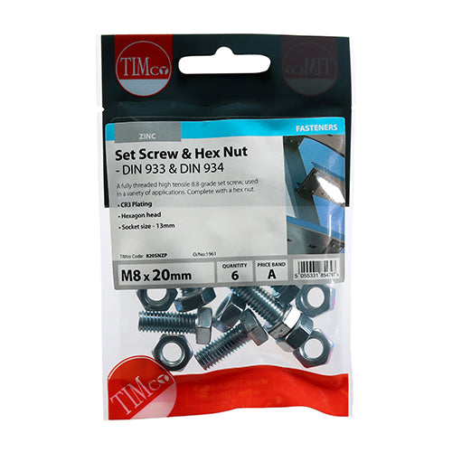 Timco Set Screws & Hex Nuts - Grade 8.8 - Zinc M8 x 20 - 6 Pieces