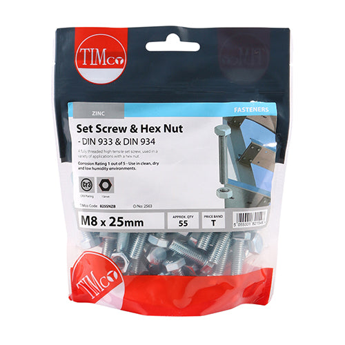 Timco Set Screws & Hex Nuts - Grade 8.8 - Zinc M8 x 25 - 55 Pieces