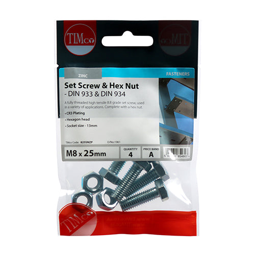 Timco Set Screws & Hex Nuts - Grade 8.8 - Zinc M8 x 25 - 4 Pieces