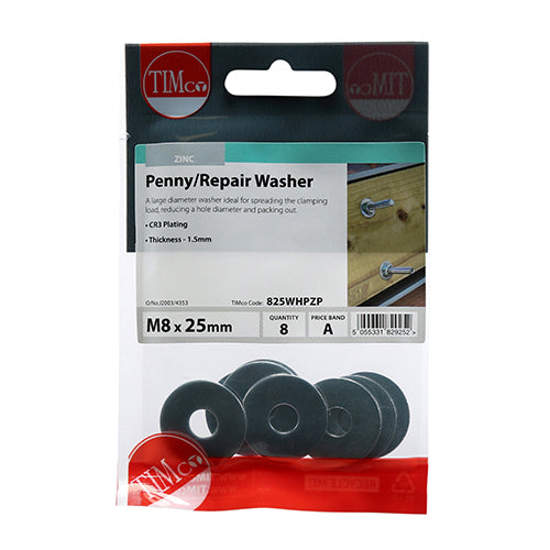 Timco Penny / Repair Washers - Zinc M8 x 25 - 8 Pieces