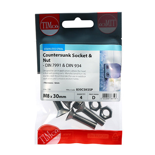 Timco Socket Screws & Hex Nuts - Countersunk - Stainless Steel M8 x 30 - 4 Pieces