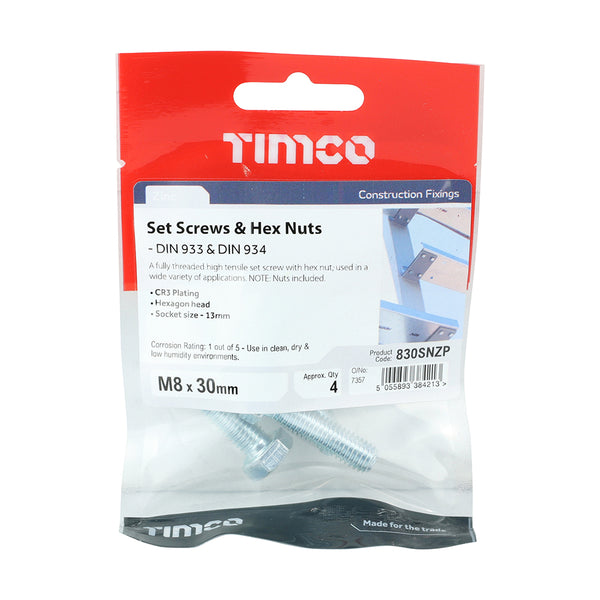 Timco Set Screws & Hex Nuts - Grade 8.8 - Zinc M8 x 30 - 4 Pieces