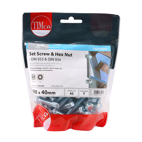 Timco Set Screws & Hex Nuts - Grade 8.8 - Zinc M8 x 40 - 45 Pieces