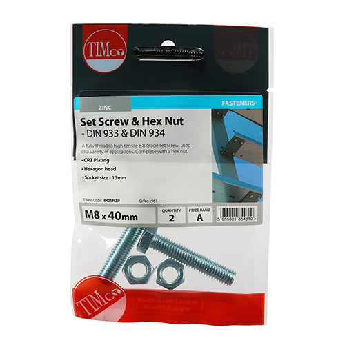 Timco Set Screws & Hex Nuts - Grade 8.8 - Zinc M8 x 40