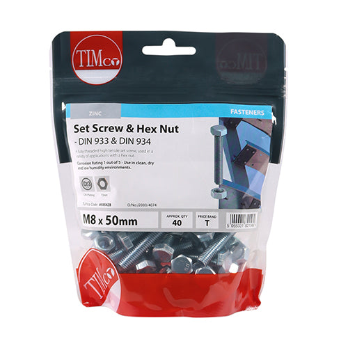 Timco Set Screws & Hex Nuts - Grade 8.8 - Zinc M8 x 50 - 40 Pieces