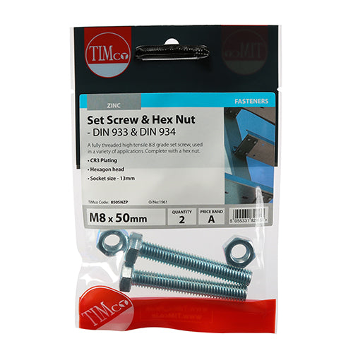 Timco Set Screws & Hex Nuts - Grade 8.8 - Zinc M8 x 50