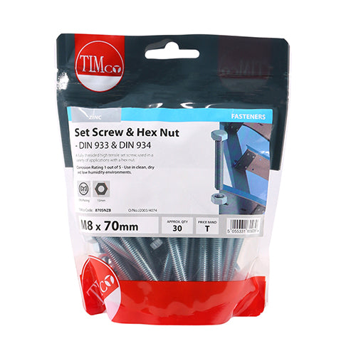 Timco Set Screws & Hex Nuts - Grade 8.8 - Zinc M8 x 70 - 30 Pieces